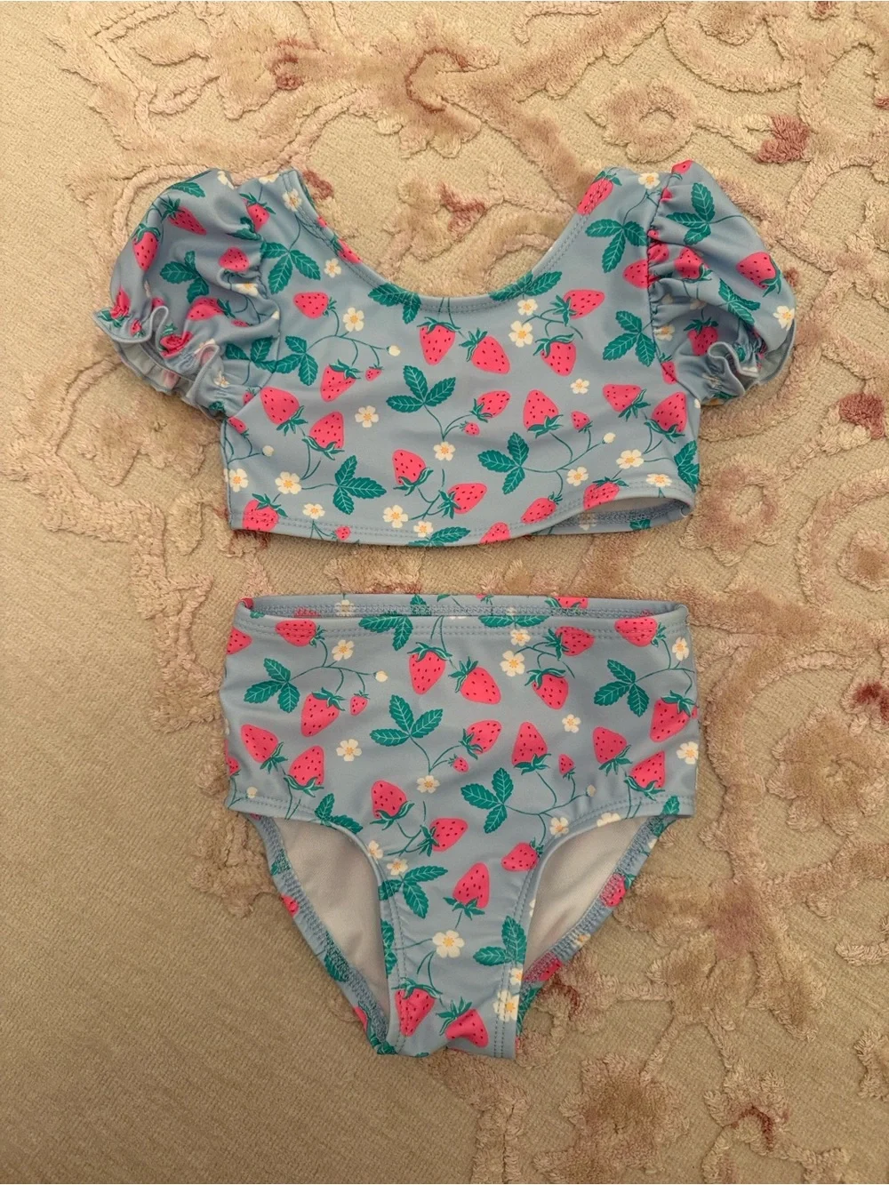 Cat & Jack Light Blue Strawberry Print Puff Sleeve Bikini